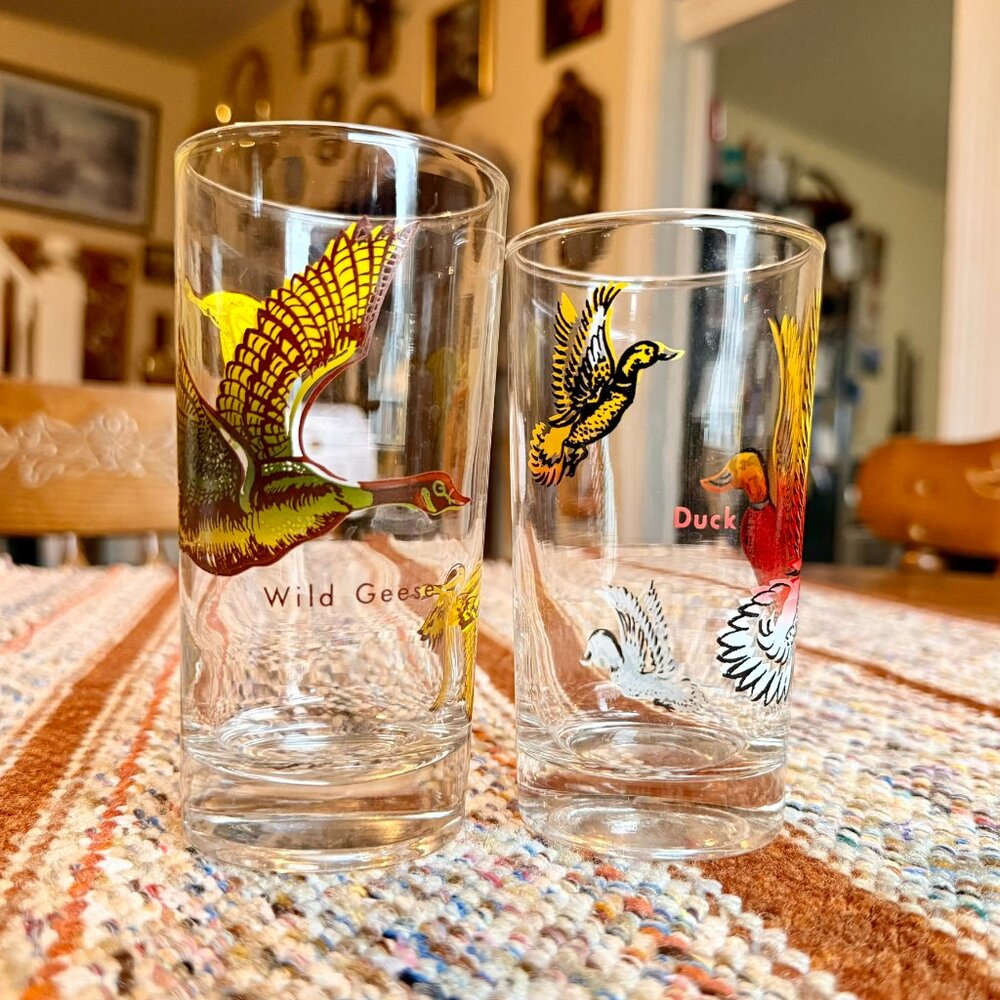 Set of 2 Vintage Federal Game Fowl / Waterfowl Highball Tumbler Glasses